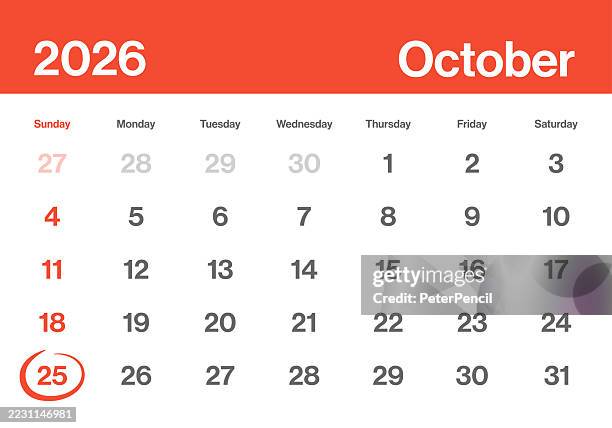 ilustrações de stock, clip art, desenhos animados e ícones de october 25 2026 calendar day monthly - minimalism style landscape horizontal calendar leaf for 2026 year - vector template - american grid - the week starts on sunday - outubro