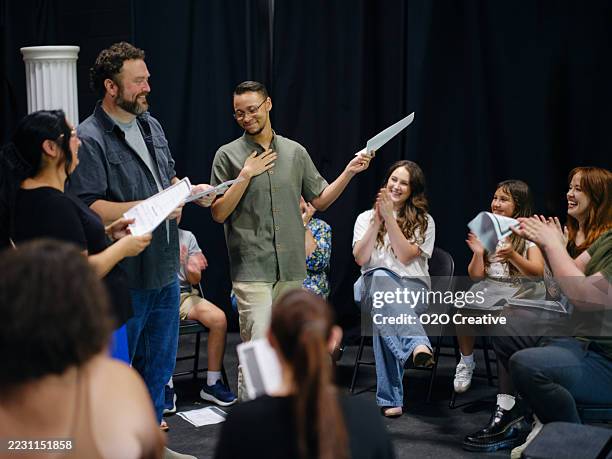 community theater group rehearsing a play - human role stock pictures, royalty-free photos & images