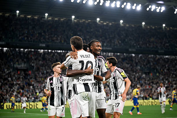 Jonathan David of Juventus FC celebrates Juventus first goal with teammate Kenan Yildiz of Juventus FC and Khephren Thuram of Juventus FC during the...