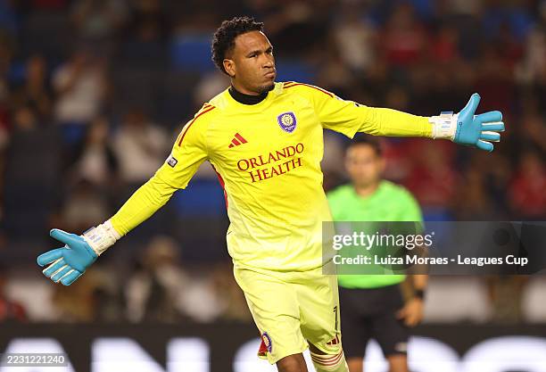Pedro Gallese of Orlando City celebrates scoring the last penalty shot in the penalty shootout during the Leagues Cup Quarterfinal between Toluca and...