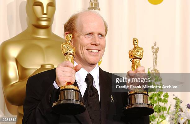Ron Howard, who won as Best Director for his fil A Beautiful Mind, poses for photographers backstage at the 74th Annual Academy Awards in Los...