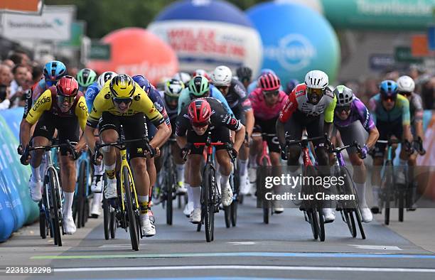 Milan Fretin of France and Team Cofidis, Olav Kooij of Netherlands and Team Visma | Lease a Bike and Biniam Girmay of Eritrea and Team Intermarche -...