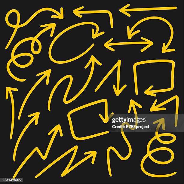 hand drawn yellow arrows set. directional doodle vector icons. set of scribbled arrows. pointer and navigation symbols - drawn arrow stock illustrations