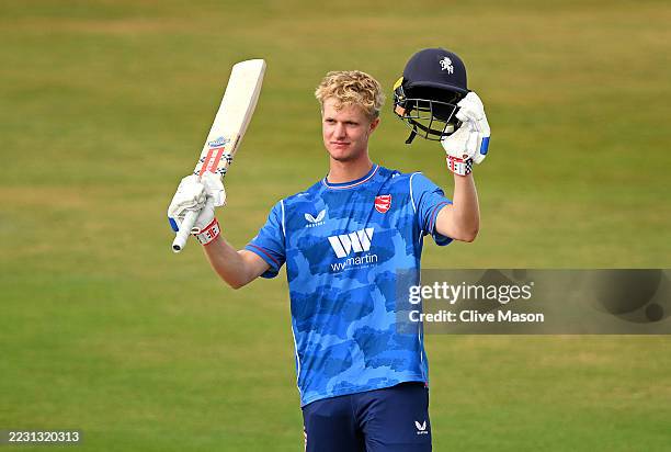 Ben Dawkins of Kent Spitfires celebrates his century during the Mens Metro One Day Cup match between Northamptonshire Steelbacks and Kent Spitfires...