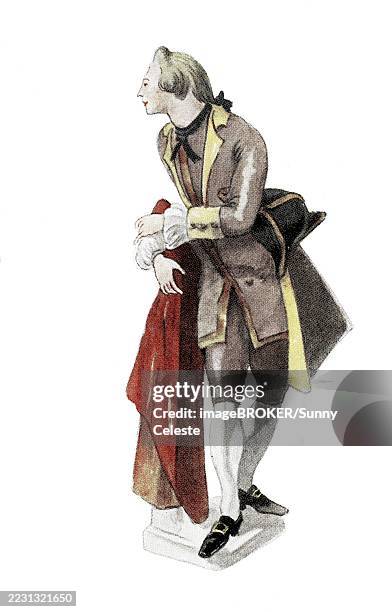 traditional costumes after porcelain figures in germany and austria, rococo, vienna and nymphenburg, 1760, historical, authentic, digitally restored reproduction from a 19th century model, record date not stated - nymphenburg stock illustrations