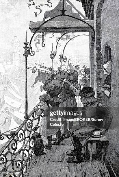 tradition, tower blowers on easter morning, 1890, here in swabia, germany, historical, authentic, digitally restored reproduction from a 19th century original, record date not stated - authentic stock illustrations