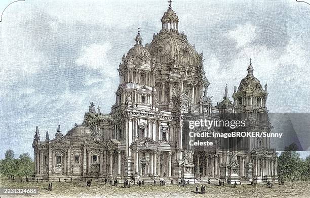 the new construction of berlin cathedral according to the plan by julius raschdorff, 1895, germany - berlin cathedral stock illustrations