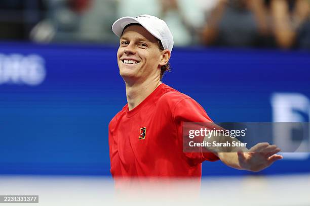 Jannik Sinner of Italy reacts during a practice session ahead of the 2025 US Open at USTA Billie Jean King National Tennis Center on August 21, 2025...