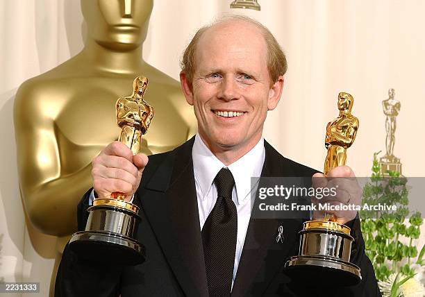 Ron Howard with Oscars for best director and best picture for "A Beautiful Mind," in the pressroom at the 74th Annual Academy Awards at the Kodak...