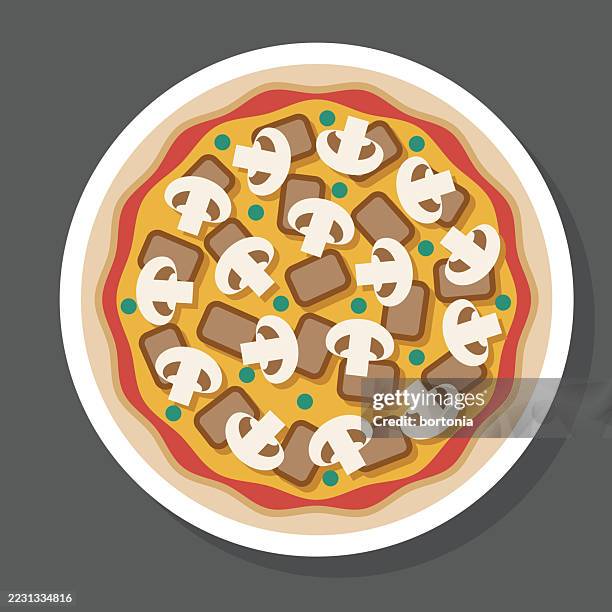 steak and mushroom pizza sticker icon - cooked mushrooms stock illustrations