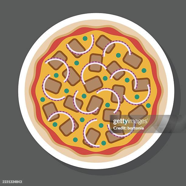 steak and onion pizza sticker icon - pizza sauce stock illustrations