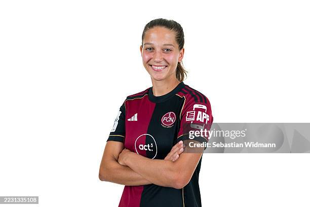 Laura Miller of 1. FC Nürnberg poses during the the official Google Pixel Women's Bundesliga team presentation of 1. FC Nürnberg at...