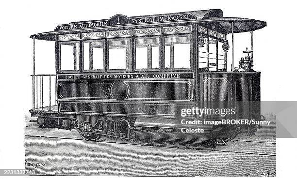 tramcar system mekarski, driven by compressed air, compressed air tram, around 1900, paris, france, digitally improved reproduction of a 19th century model, historical, exact date unknown - splint stock illustrations