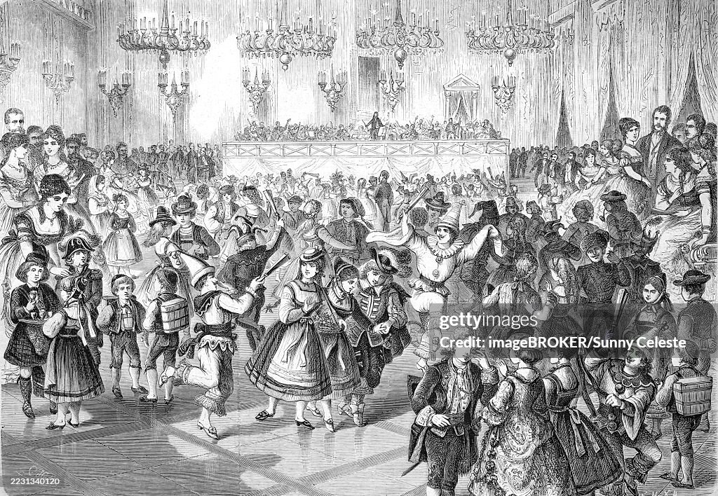 The children's carnival in the casino in Basel, Switzerland, historical, reproduction from a model with a scene from the 19th century