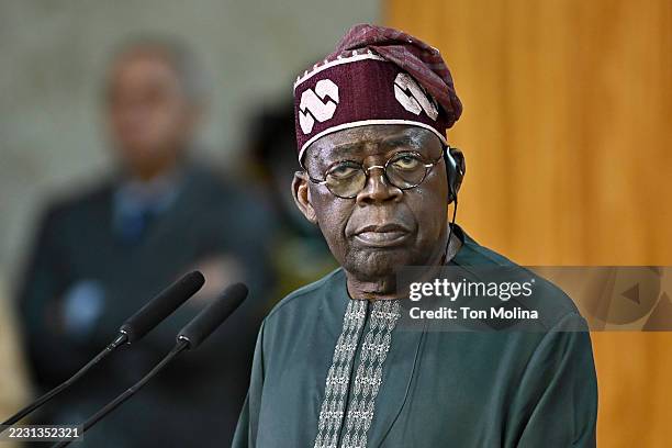 President of Nigeria, Bola Tinubu, looks on during an official visit to Brazil at Planalto Palace on August 25, 2025 in Brasilia, Brazil.