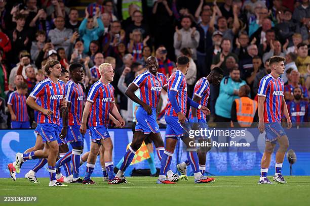 Jean-Philippe Mateta of Crystal Palace celebrates scoring his team's first goal with teammates during the UEFA Conference League Play-off Round First...