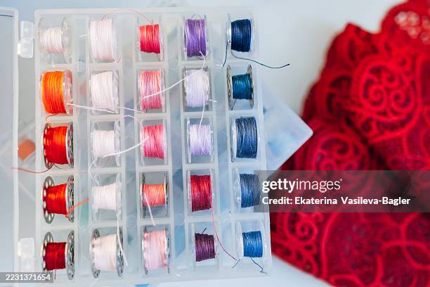 sewing threads arranged in a box, ready for tailoring and stitching projects - multiple threads needle stock pictures, royalty-free photos & images