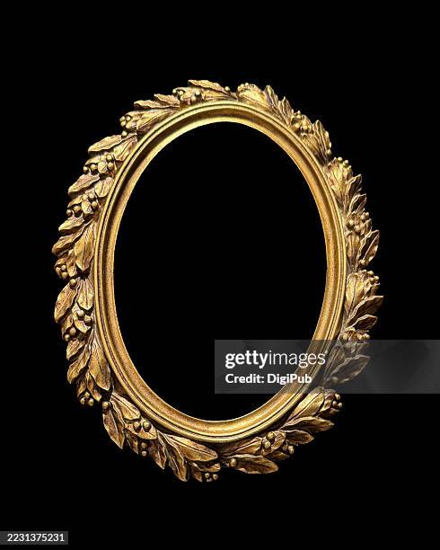 ornate golden oval frame on black background - ellipse stock pictures, royalty-free photos & images