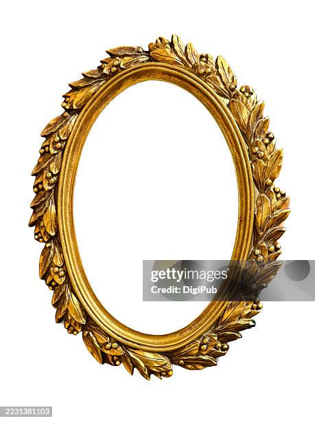 ornate golden oval frame on white background - ellipse stock pictures, royalty-free photos & images