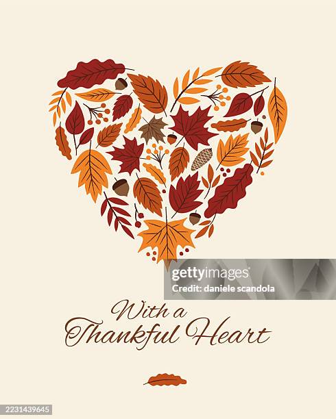 thanksgiving card with autumn leaves heart. - happy thanksgiving stock illustrations