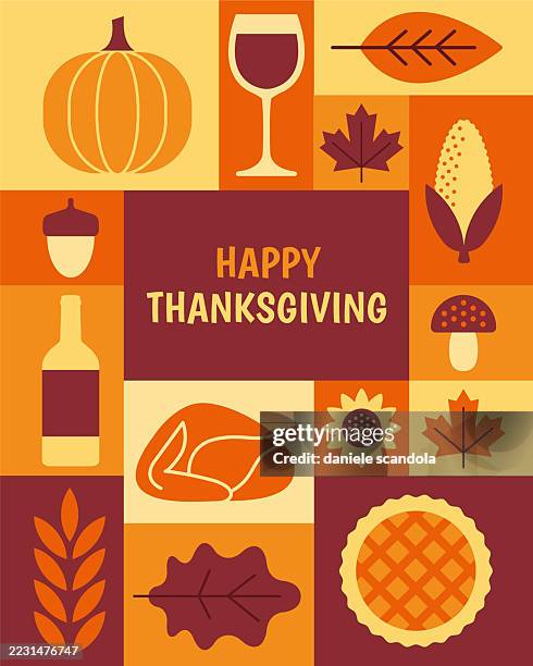 illustrations, cliparts, dessins animés et icônes de carte de vœux de joyeux thanksgiving. style mosaïque géométrique. - repas entre amis