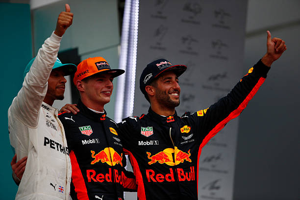 Sepang International Circuit, Sepang, Malaysia. Sunday 1 October 2017. Lewis Hamilton, Mercedes AMG, 2nd Position, Max Verstappen, Red Bull, 1st...