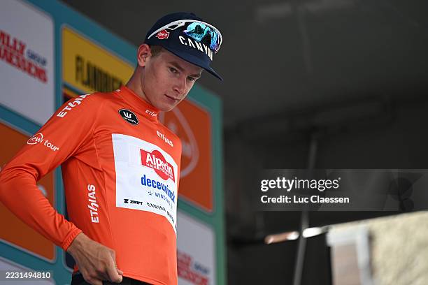 Tibor Del Grosso of Netherlands and Team Alpedin - Deceuninck celebrates at podium as Red Best Young Rider Jersey winner during the 20th Renewi Tour...