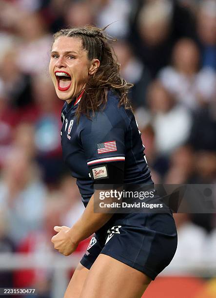 Ilona Maher of the USA celebrates after teammate Erica Jarrell-Searcy scores her team's first try during the Women's Rugby World Cup 2025 Pool A...