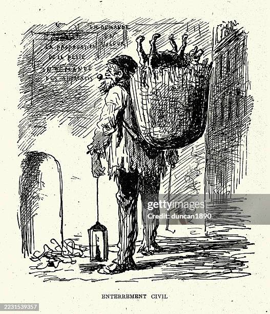 street cleaner, french cartoon, enterrement civil, civil burial, victorian vintage illustration, 19th century - guy-throwing-out-garbage-drawing stock illustrations