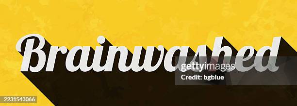brainwashed - text with long shadow on textured yellow background - cult vector stock illustrations