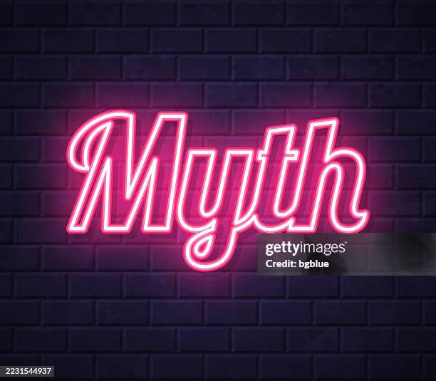 mythos - leuchtender neontext auf backsteinmauer-hintergrund - mythologie stock-grafiken, -clipart, -cartoons und -symbole