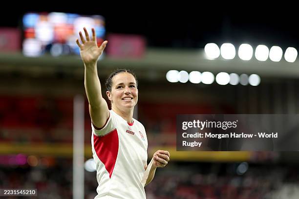 Emily Scarratt of England shows appreciation to the fans at full-time following the team's victory in the Women's Rugby World Cup 2025 Pool A match...
