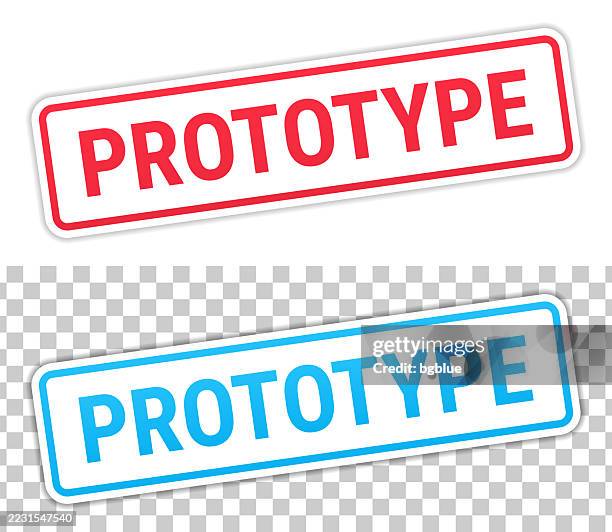 prototype - red and blue labels on blank background - prototype model stock illustrations