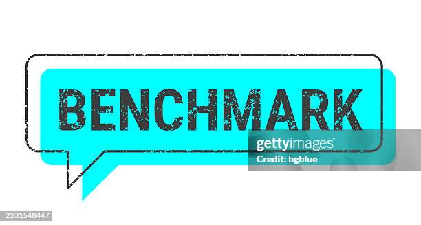 benchmark - blue grunge speech bubble on blank background - yard stick stock illustrations