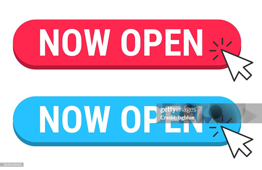 Red Open Button Now Open Red And Blue Buttons With Cursor On White Background High-Res ...