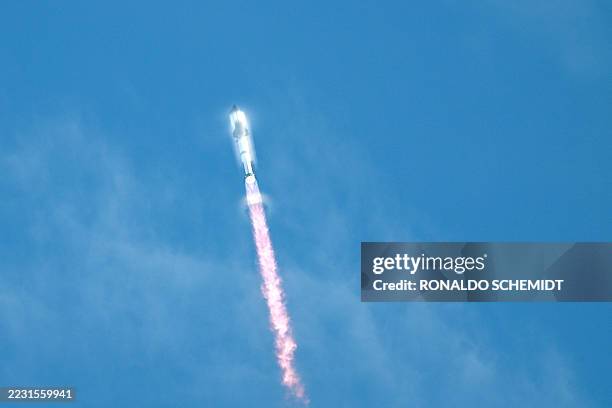 SpaceX's Starship rocket is seen after lifting off from Starbase, Texas, as seen from South Padre Island on August 26 for its tenth test flight....