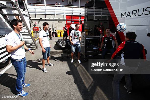 Jordi Amat RCD Espanyol Football Player, Alvaro Vazquez RCD Espanyol Football Player, Javi Lopez RCD Espanyol Football Player plays football with...
