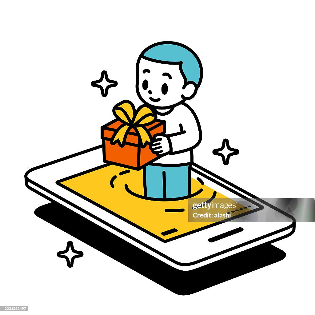 A cute boy holding a gift box emerges from a smartphone screen