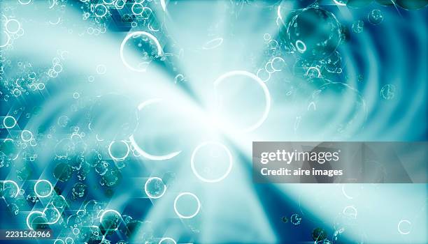 abstract turquoise background with bubbles and light rays emanating from the center - artère humaine photos et images de collection