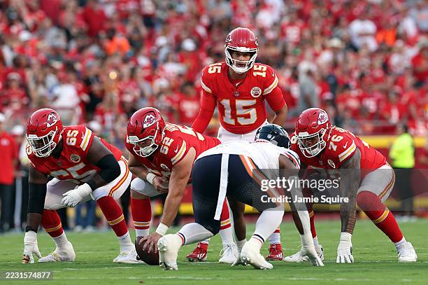Quarterback Patrick Mahomes of the Kansas City Chiefs prepares to take a snap during the first quarter of the NFL Preseason 2025 game against the...