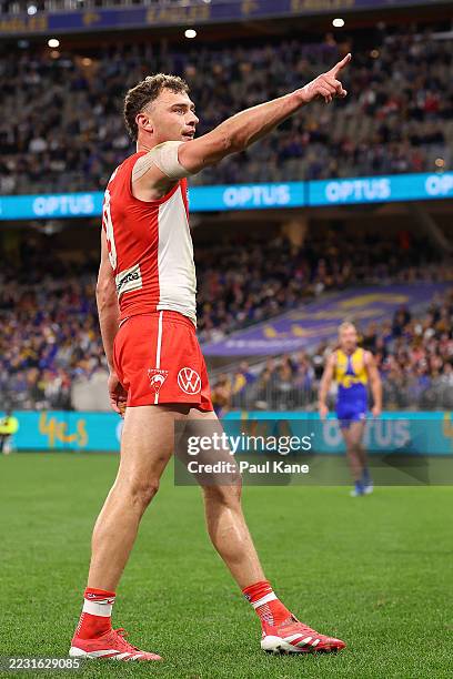 Will Hayward of the Swans celebrates a goal during the round 24 AFL match between West Coast Eagles and Sydney Swans at Optus Stadium on August 23,...