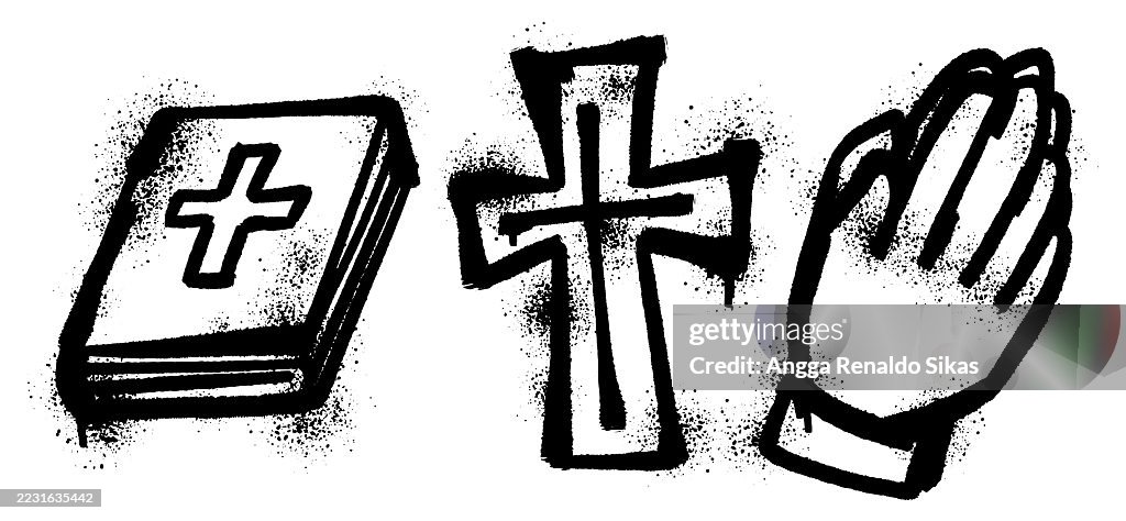Bible, cross and hand praying graffiti black and white airbrush spraypaint icon symbols