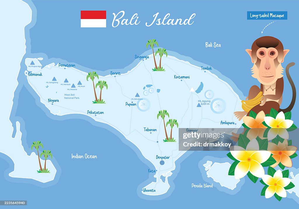 Bali Island Map with Long-tailed Macaque