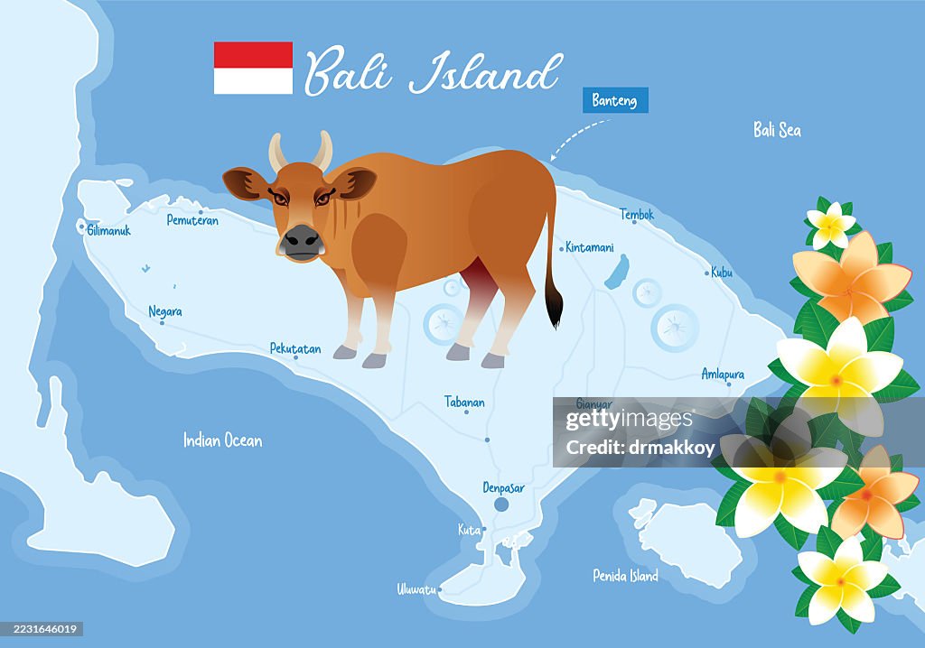 Bali Island Map with Banteng