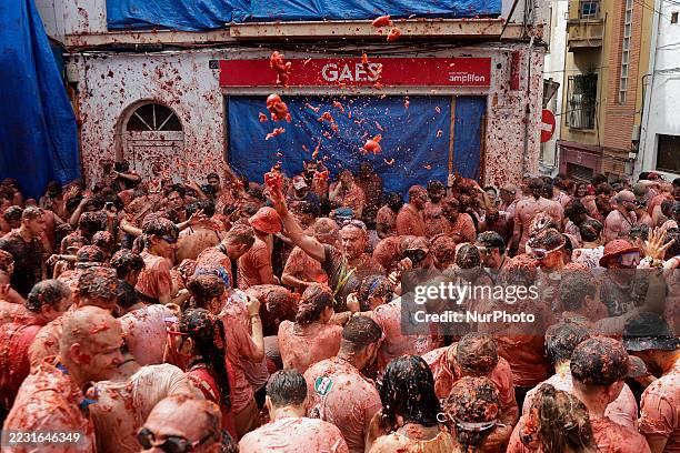 People covered in tomato pulp take part in the 78th 'Tomatina' Festival in Bunol, Spain, on August 27, 2025. They throw a total of 120 tonnes of...