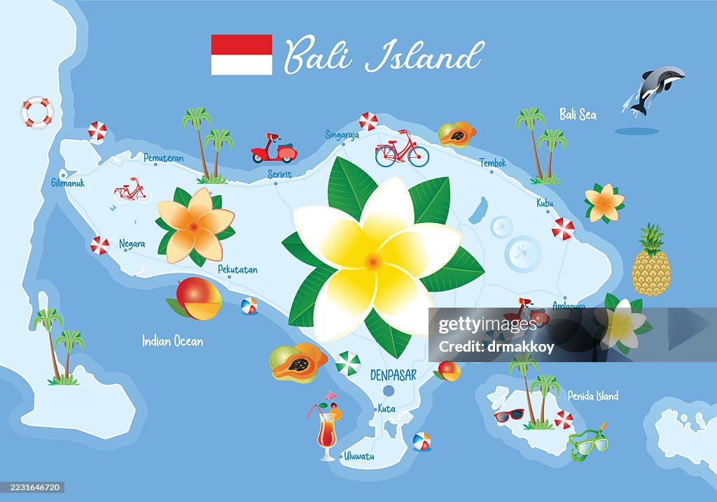 Bali Island Map and Plumeria Flowers