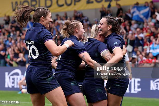 Francesca McGhie of Scotland celebrates with team mates after scoring her team's second try during the Women's Rugby World Cup 2025 Pool B match...