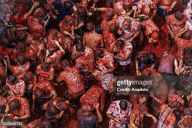 Participants take part in the 78th annual "La Tomatina" Festival in Bunol, Valencia, Spain on August 27, 2025. Participants throw 120 tons of...