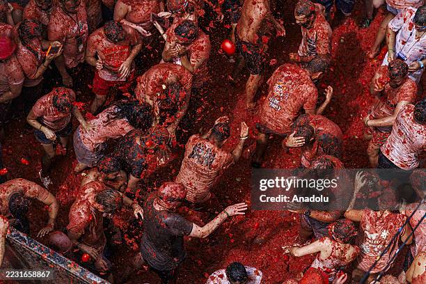 Participants take part in the 78th annual "La Tomatina" Festival in Bunol, Valencia, Spain on August 27, 2025. Participants throw 120 tons of...