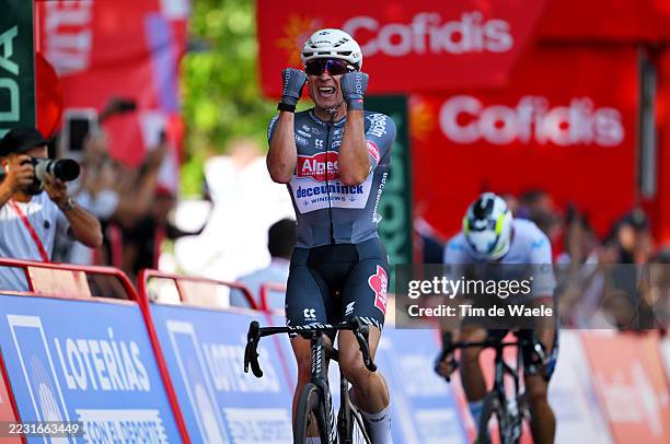 Jasper Philipsen of Belgium and Team Alpecin - Deceuninck celebrates at finish line as stage winner during the La Vuelta - 80th Tour of Spain 2025,...